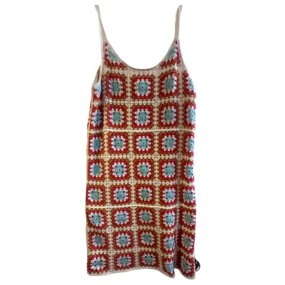 Willow & Wind Mini Tank Dress Cover Up Women's Sm Crocheted Granny Squares Pink - Picture 2 of 6